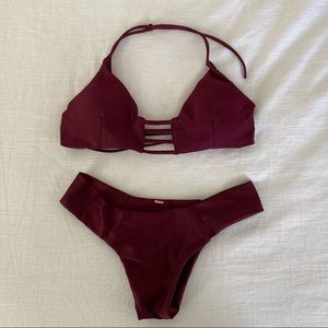 Caged maroon/burgundy high-cut bikini